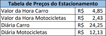 estacionamento camg tabela preços